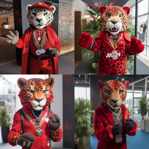 Red Jaguar mascot costume character dressed with a Waistcoat and Necklaces