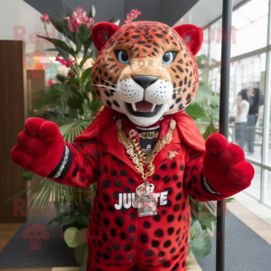 Red Jaguar mascot costume character dressed with a Waistcoat and Necklaces