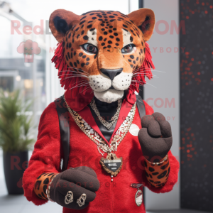 Red Jaguar mascot costume character dressed with a Waistcoat and Necklaces