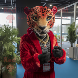 Red Jaguar mascot costume character dressed with a Waistcoat and Necklaces