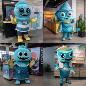 Cyan Tacos mascot costume character dressed with a Overalls and Wraps