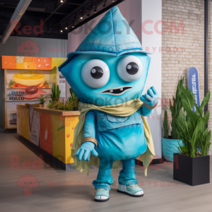Cyan Tacos mascot costume character dressed with a Overalls and Wraps