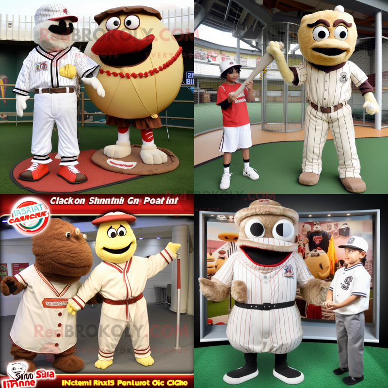 Tan Fried Chicken mascot costume character dressed with a Baseball Tee and Belts Tan Fried Chicken mascot costume character dressed with a Baseball Tee and Belts