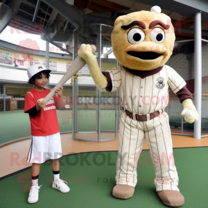 Tan Fried Chicken mascot costume character dressed with a Baseball Tee and Belts