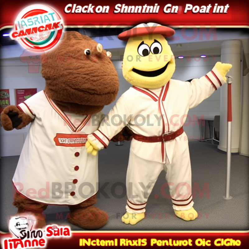 Tan Fried Chicken mascot costume character dressed with a Baseball Tee and Belts Tan Fried Chicken mascot costume character dressed with a Baseball Tee and Belts