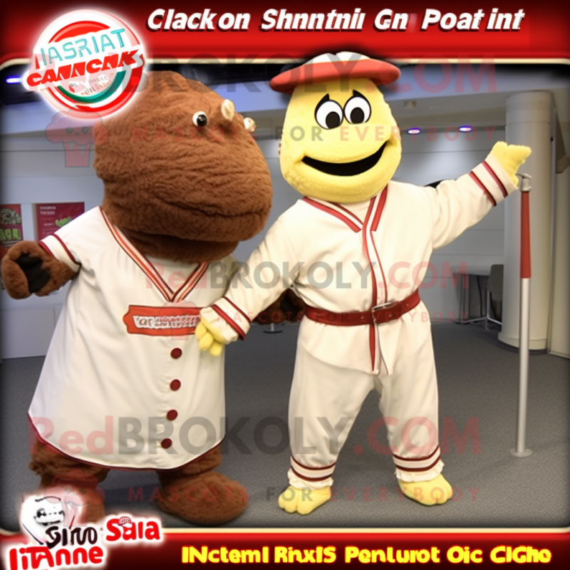 Tan Fried Chicken mascot costume character dressed with a Baseball Tee and Belts