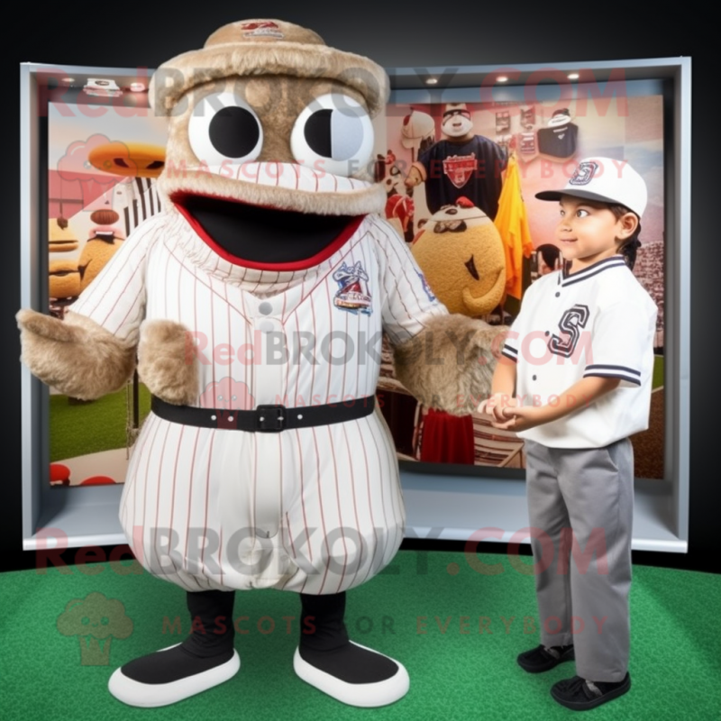 Tan Fried Chicken mascot costume character dressed with a Baseball Tee and Belts Tan Fried Chicken mascot costume character dressed with a Baseball Tee and Belts