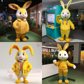 Yellow Rabbit mascot costume character dressed with a Cardigan and Beanies