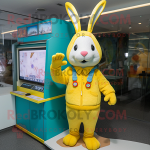 Yellow Rabbit mascot costume character dressed with a Cardigan and Beanies