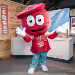 Red Ice Cream mascot costume character dressed with a Chambray Shirt and Beanies