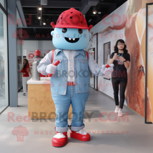 Red Ice Cream mascot costume character dressed with a Chambray Shirt and Beanies