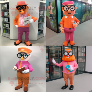 Orange Pink mascot costume character dressed with a Oxford Shirt and Reading glasses