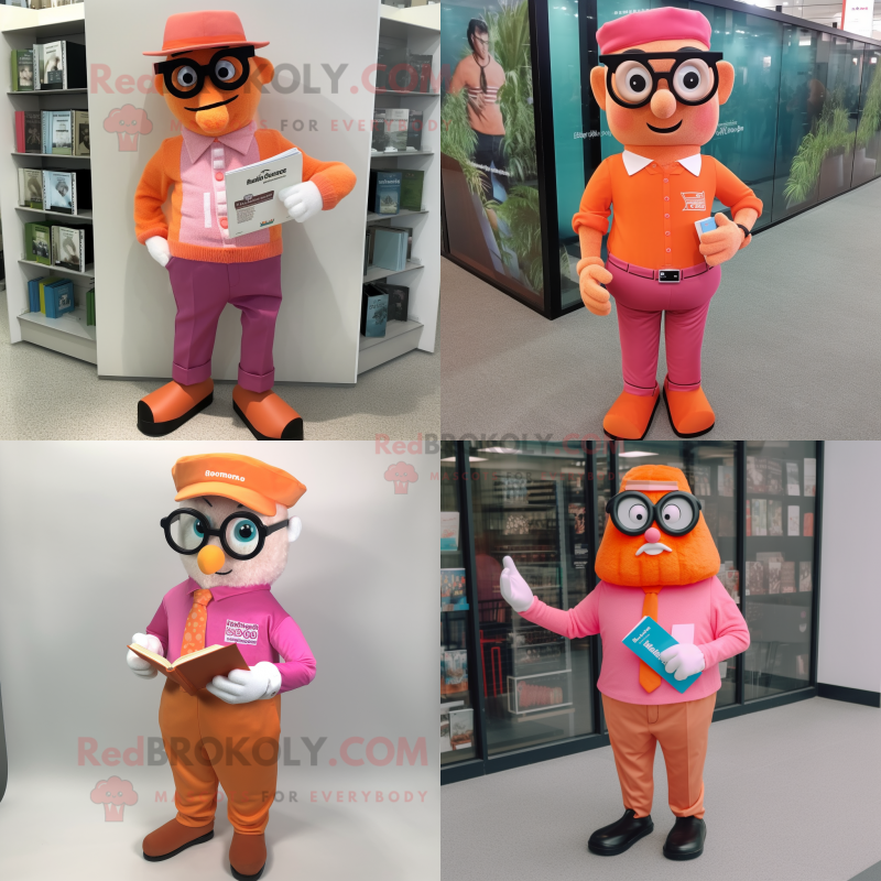 Orange Pink mascot costume character dressed with a Oxford Shirt and Reading glasses Orange Pink mascot costume character dressed with a Oxford Shirt and Reading glasses