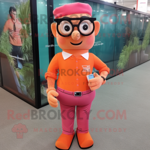 Orange Pink mascot costume character dressed with a Oxford Shirt and Reading glasses