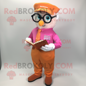 Orange Pink mascot costume character dressed with a Oxford Shirt and Reading glasses