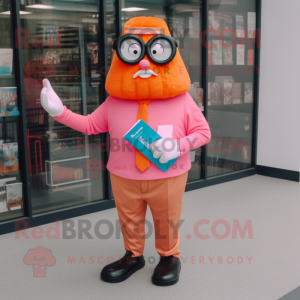 Orange Pink mascot costume character dressed with a Oxford Shirt and Reading glasses
