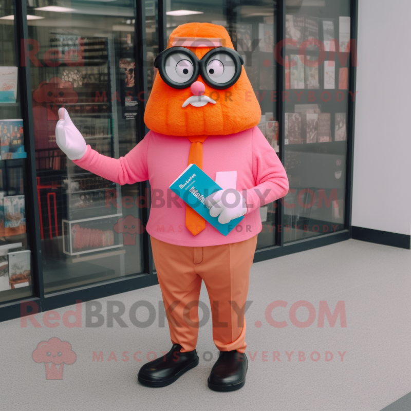 Orange Pink mascot costume character dressed with a Oxford Shirt and Reading glasses Orange Pink mascot costume character dressed with a Oxford Shirt and Reading glasses