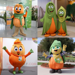 Olive Pumpkin mascot costume character dressed with a Mom Jeans and Scarf clips