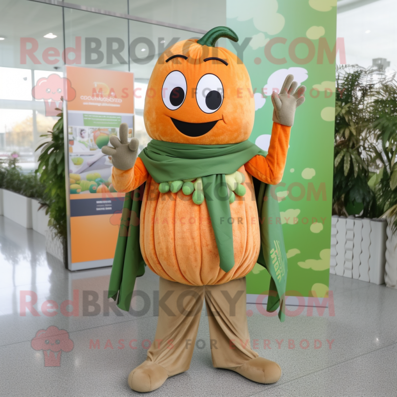 Olive Pumpkin mascot costume character dressed with a Mom Jeans and Scarf clips