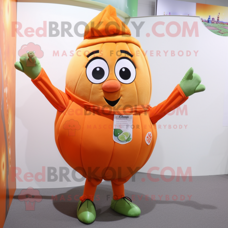 Olive Pumpkin mascot costume character dressed with a Mom Jeans and Scarf clips Olive Pumpkin mascot costume character dressed with a Mom Jeans and Scarf clips