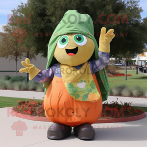Olive Pumpkin mascot costume character dressed with a Mom Jeans and Scarf clips