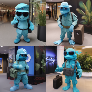 Cyan Marine Recon mascot costume character dressed with a Culottes and Briefcases