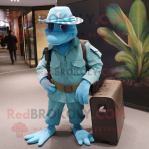 Cyan Marine Recon mascot costume character dressed with a Culottes and Briefcases