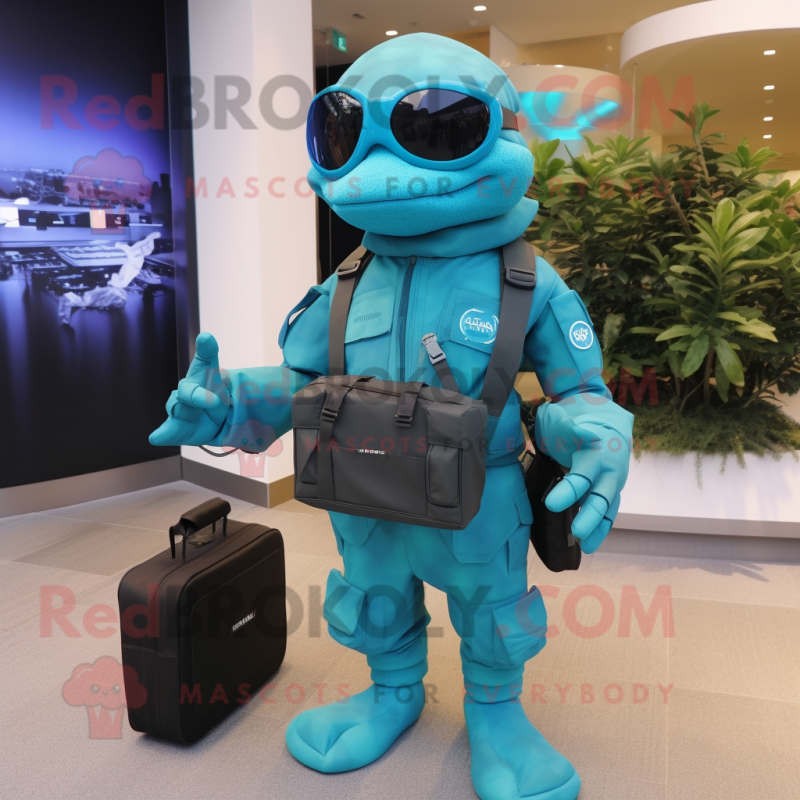 Cyan Marine Recon mascot costume character dressed with a Culottes and Briefcases Cyan Marine Recon mascot costume character dressed with a Culottes and Briefcases
