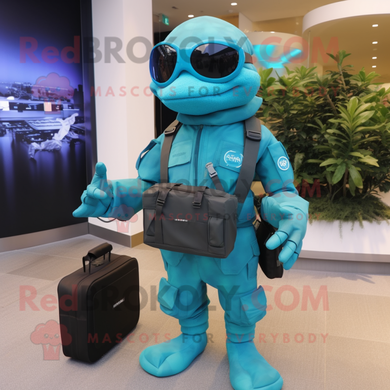 Cyan Marine Recon mascot costume character dressed with a Culottes and Briefcases