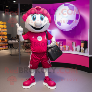 Magenta Soccer Ball mascot costume character dressed with a Polo Shirt and Wallets