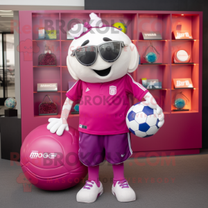Magenta Soccer Ball mascot costume character dressed with a Polo Shirt and Wallets