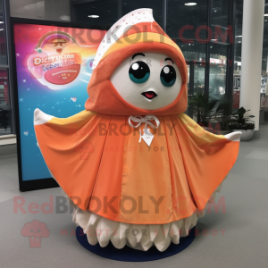 Peach Fish Tacos mascot costume character dressed with a Circle Skirt and Shawl pins