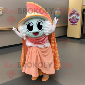 Peach Fish Tacos mascot costume character dressed with a Circle Skirt and Shawl pins