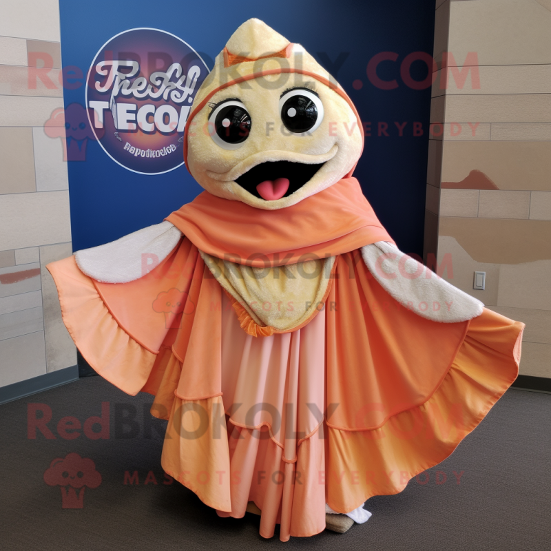 Peach Fish Tacos mascot costume character dressed with a Circle Skirt and Shawl pins Peach Fish Tacos mascot costume character dressed with a Circle Skirt and Shawl pins
