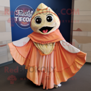 Peach Fish Tacos mascot costume character dressed with a Circle Skirt and Shawl pins