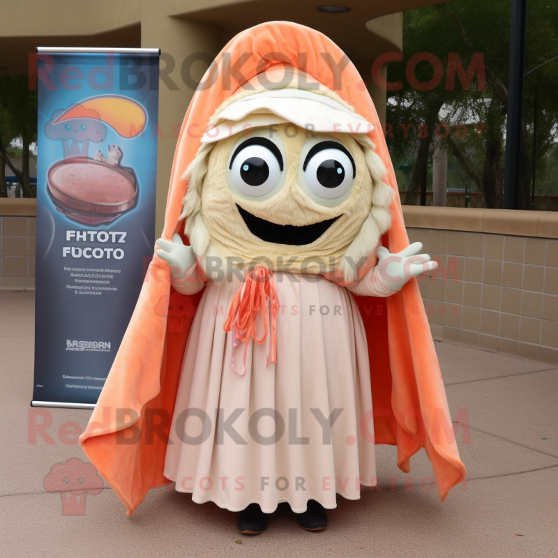 Peach Fish Tacos mascot costume character dressed with a Circle Skirt and Shawl pins Peach Fish Tacos mascot costume character dressed with a Circle Skirt and Shawl pins