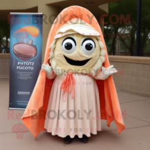 Peach Fish Tacos mascot costume character dressed with a Circle Skirt and Shawl pins