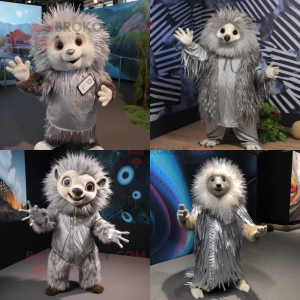 Silver Porcupine mascot costume character dressed with a Jumpsuit and Shawls