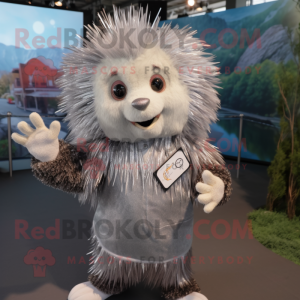 Silver Porcupine mascot costume character dressed with a Jumpsuit and Shawls