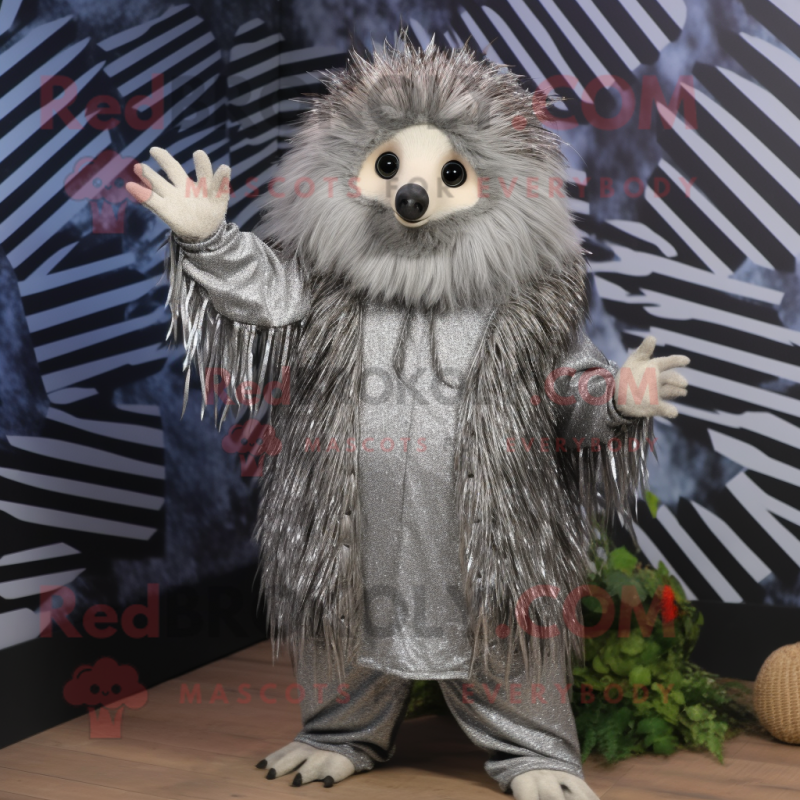 Silver Porcupine mascot costume character dressed with a Jumpsuit and Shawls