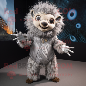 Silver Porcupine mascot costume character dressed with a Jumpsuit and Shawls