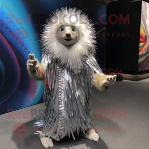 Silver Porcupine mascot costume character dressed with a Jumpsuit and Shawls