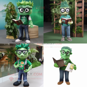 Forest Green Pad Thai mascot costume character dressed with a Jeans and Reading glasses