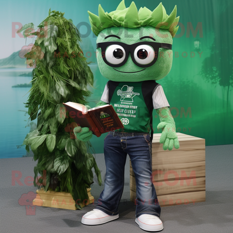 Forest Green Pad Thai mascot costume character dressed with a Jeans and Reading glasses