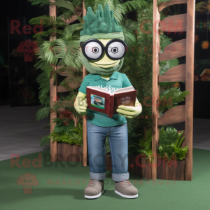 Forest Green Pad Thai mascot costume character dressed with a Jeans and Reading glasses