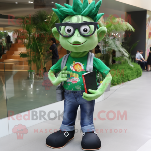 Forest Green Pad Thai mascot costume character dressed with a Jeans and Reading glasses