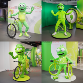 Lime Green Unicyclist mascot costume character dressed with a Playsuit and Clutch bags