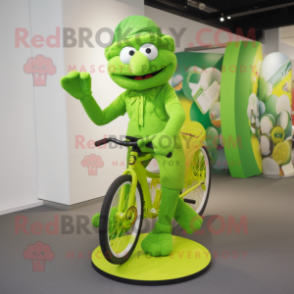 Lime Green Unicyclist mascot costume character dressed with a Playsuit and Clutch bags