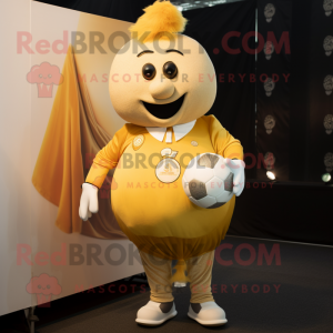 Gold Onion mascot costume character dressed with a Rugby Shirt and Earrings