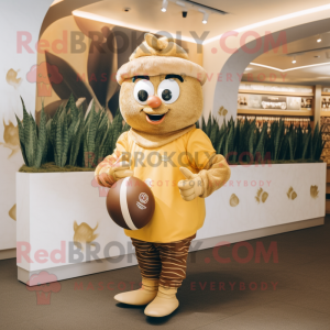 Gold Onion mascot costume character dressed with a Rugby Shirt and Earrings